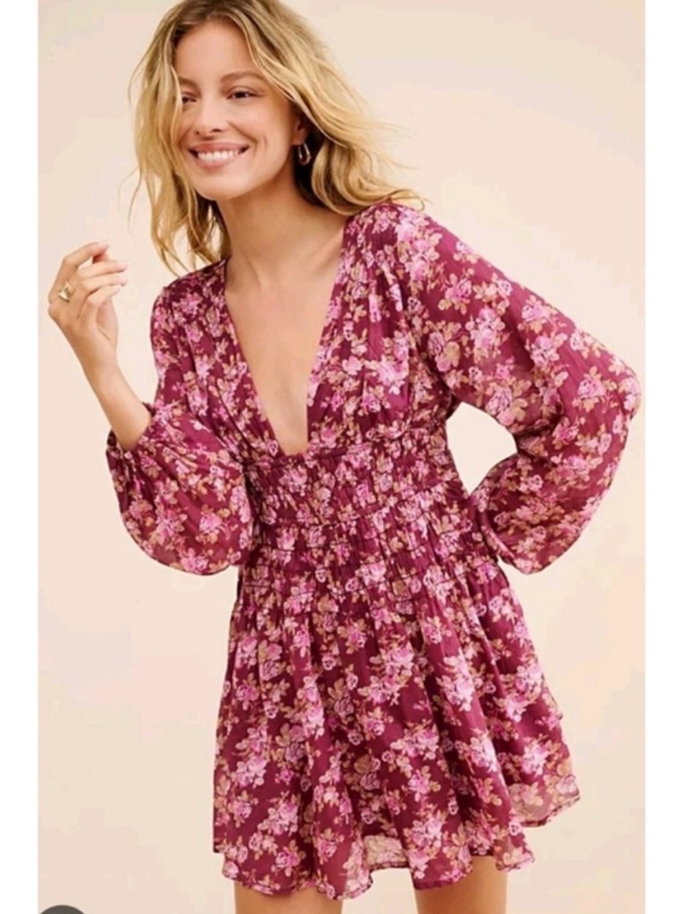 Free People Berry Pink Floral V-Neck Smocked Mini Dress